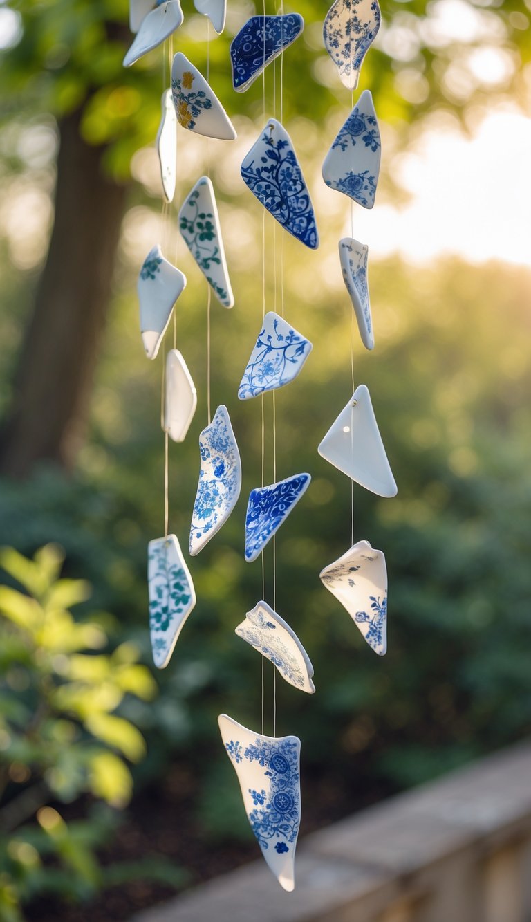 Close-up of wind chimes made from broken china shards hanging outdoors with green foliage in the background.